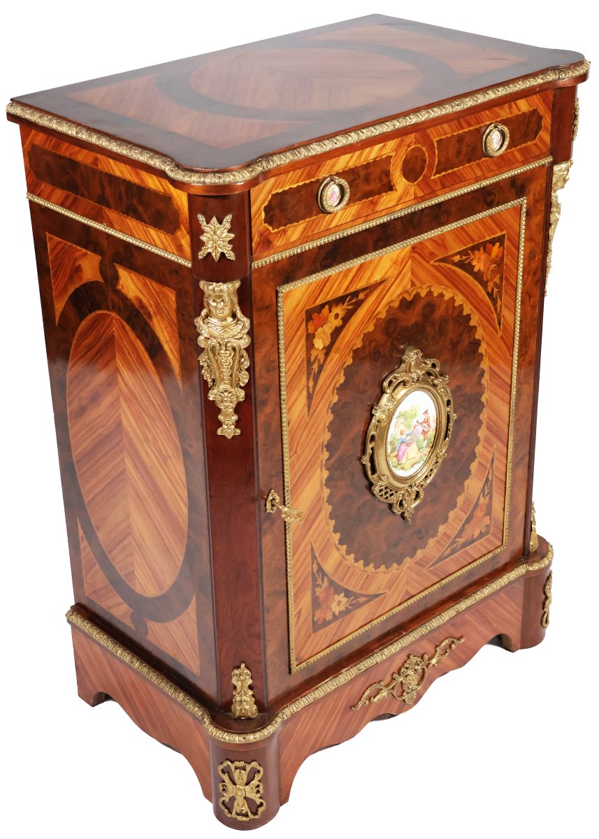 Credenza in legno, intarsi in varie essenze, placche in porcellana, Francia, fine XIX secolo-photo-3
