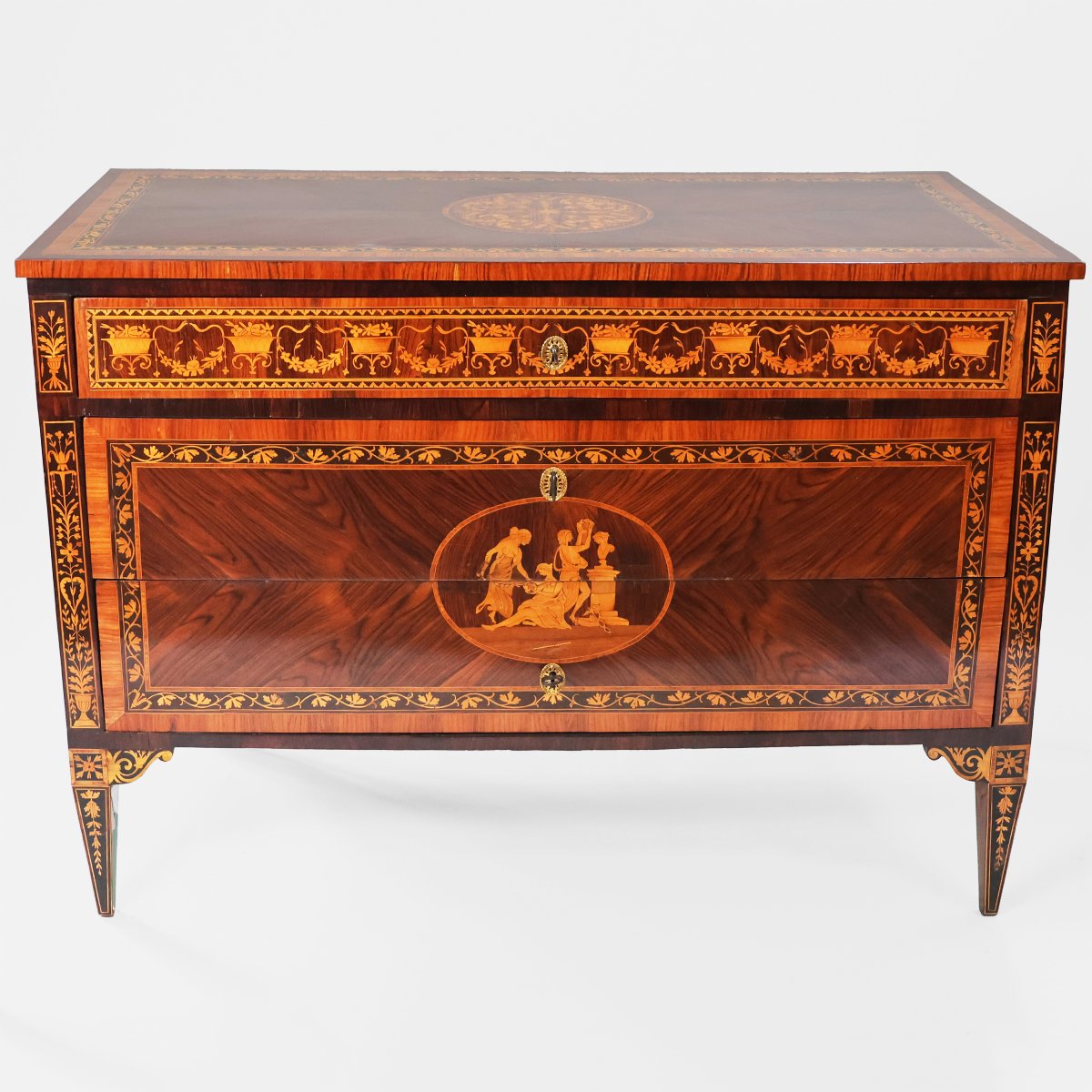Comò lastronato e finemente intarsiato in legni vari, Lombardia, fine XVIII secolo-photo-2