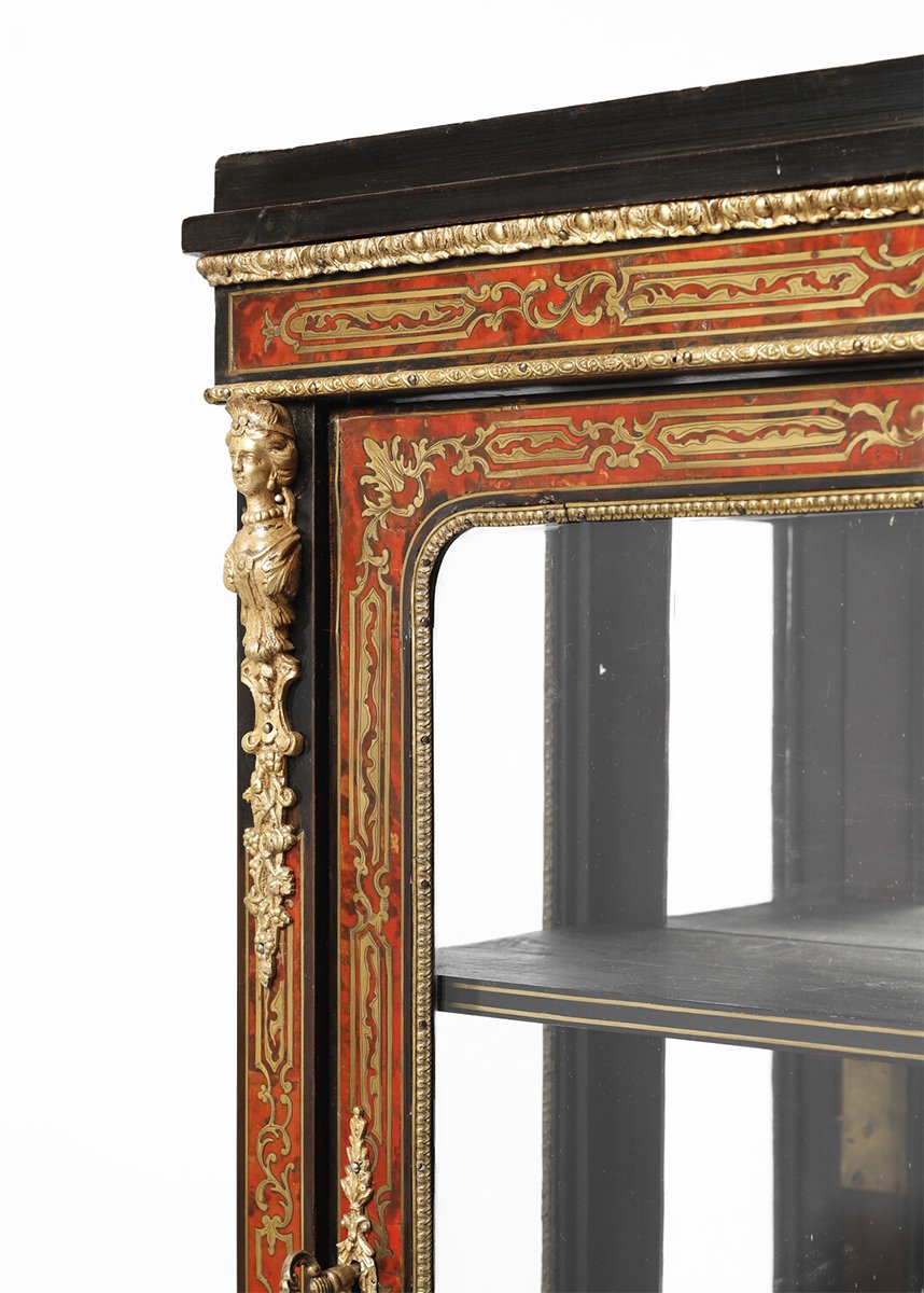 Vetrina a doppio corpo in legno ebanizzato, decorazione alla maniera di Boulle, Francia, XIX se-photo-2