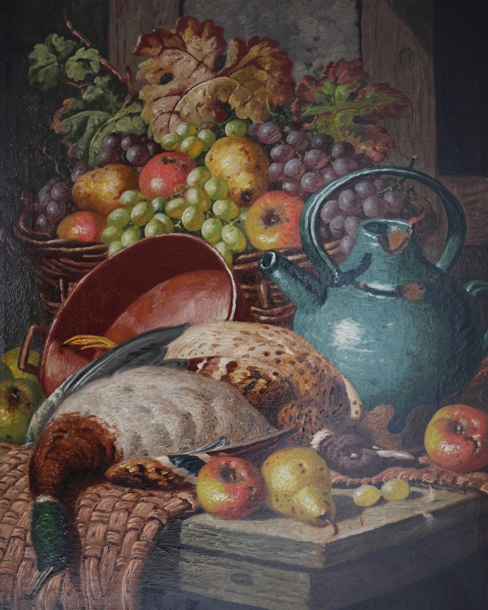 Charles Thomas Bale; Natura morta con uva e cacciagione; olio su tela-photo-2