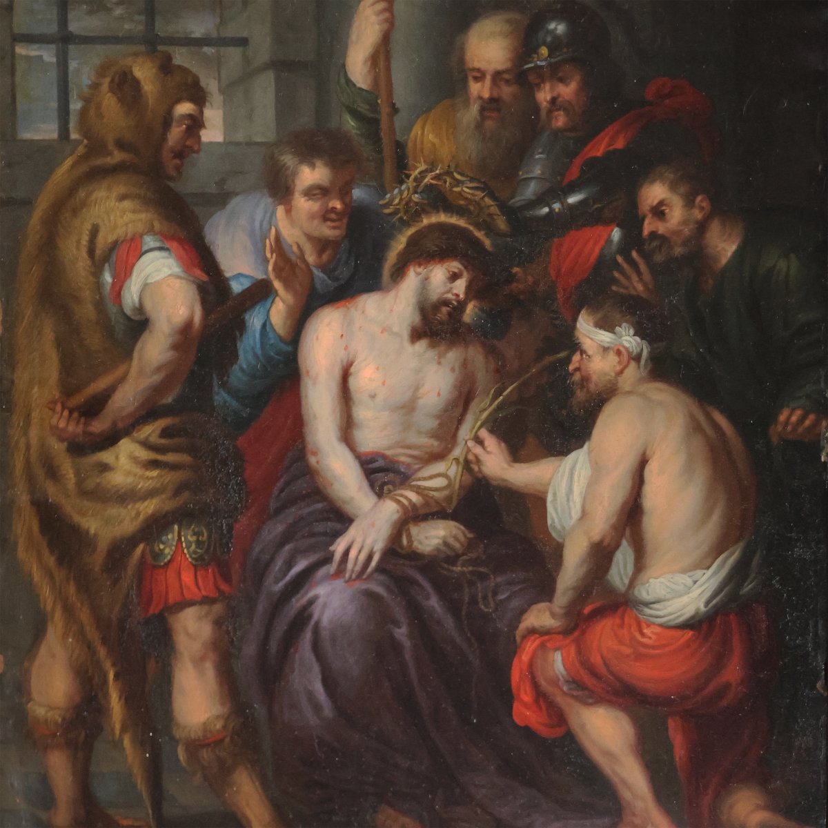 Antoon Van Dyck scuola di, Anversa 1599 - Londra 1641; L'incoronazione di spine, olio su rame-photo-3