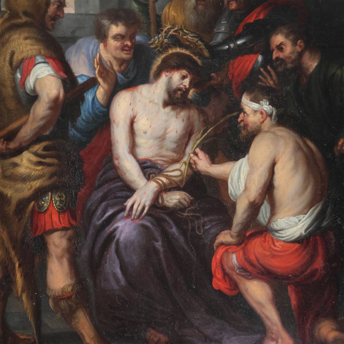 Antoon Van Dyck scuola di, Anversa 1599 - Londra 1641; L'incoronazione di spine, olio su rame-photo-4