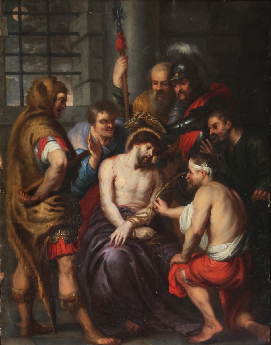Antoon Van Dyck scuola di, Anversa 1599 - Londra 1641; L'incoronazione di spine, olio su rame