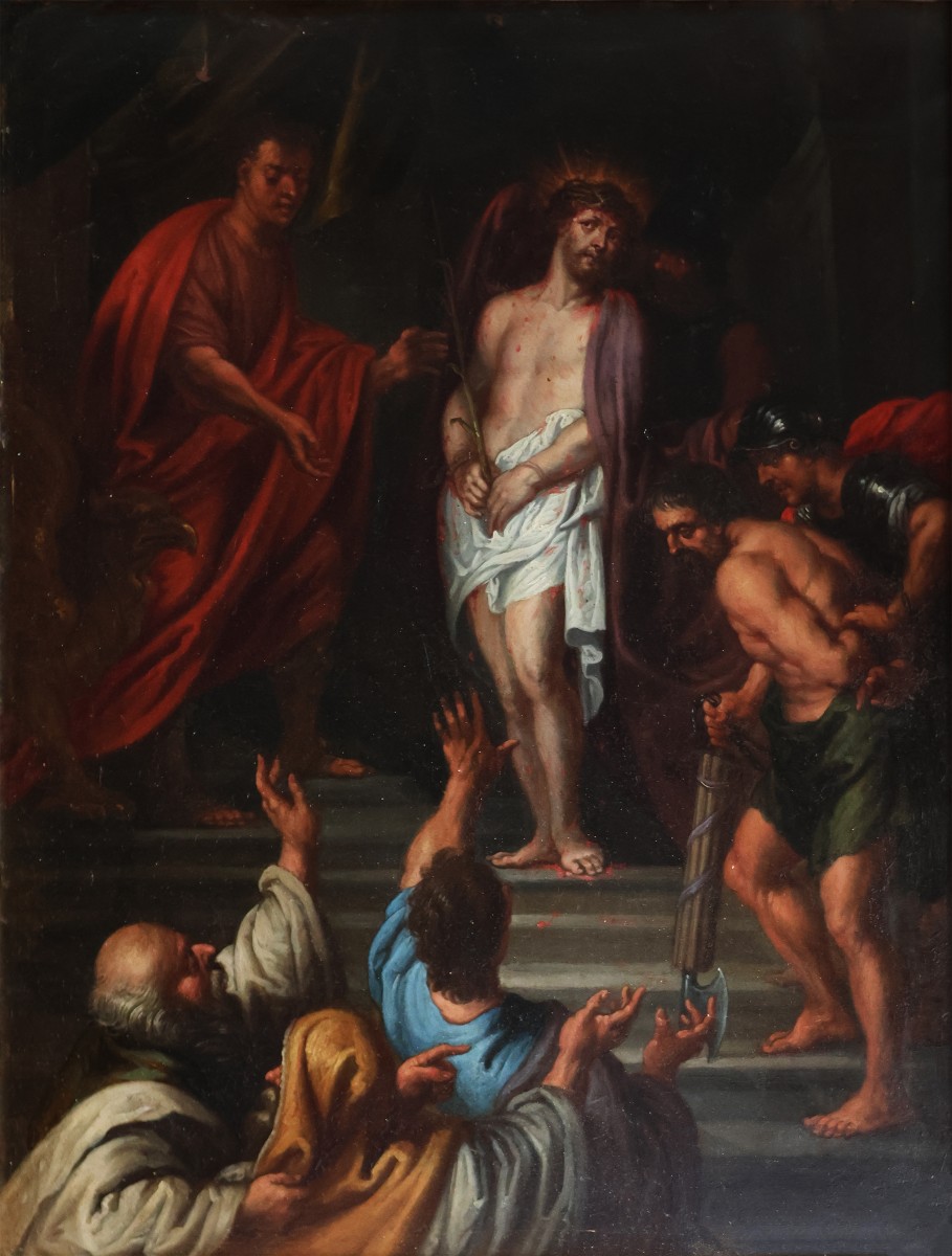 Peter Paul Rubens bottega di, Siegen 1577 - Anversa 1640; Ecce Homo, olio su rame