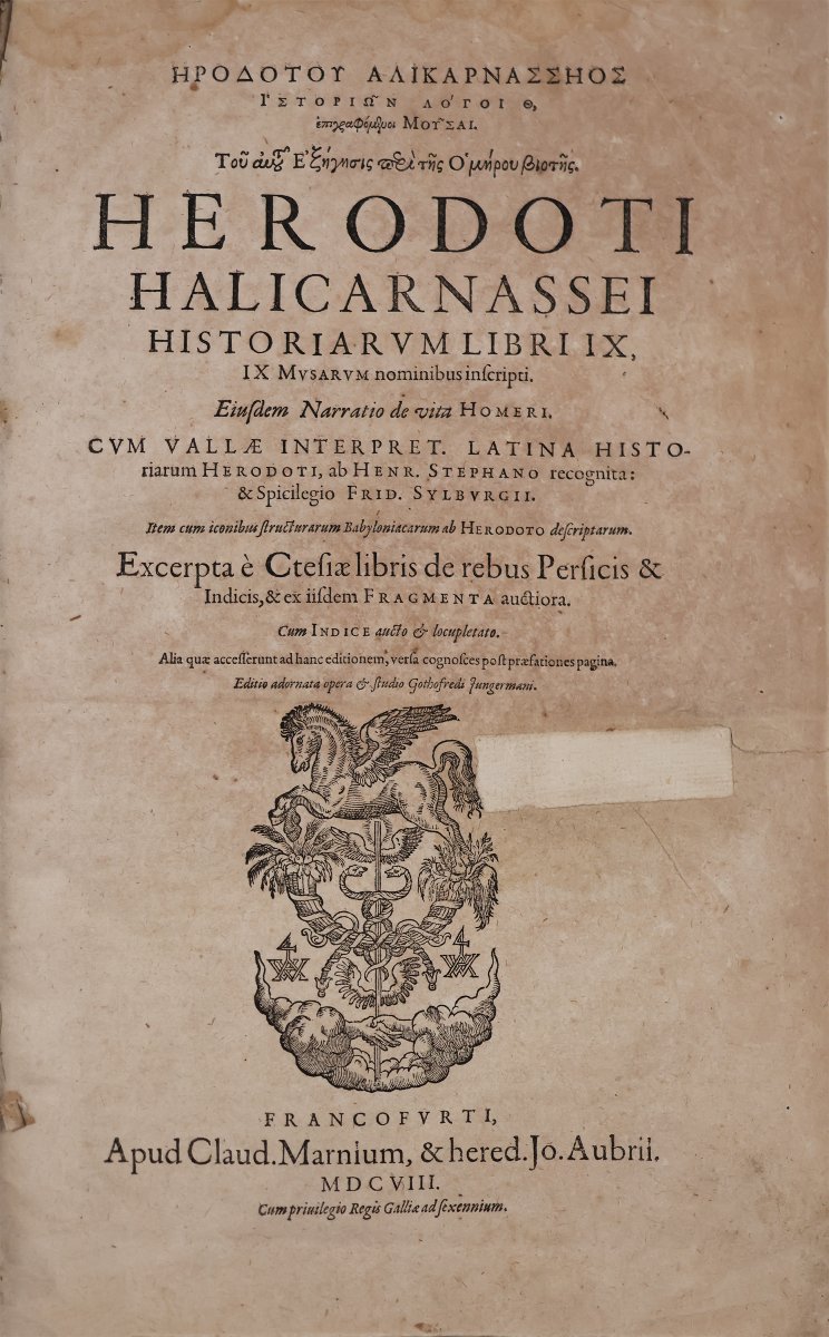 Herodoti Halicarnassei Historiarum Libri IX.. Marnium, & hered. Jo. Aubrii. 1608-photo-2
