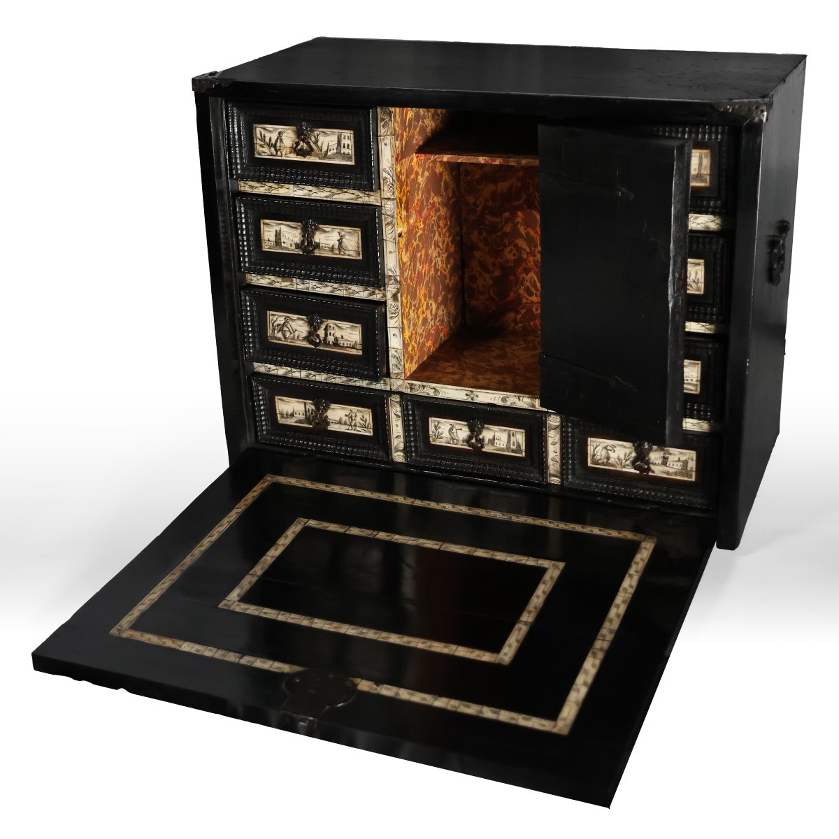 Stipo monetiere in legno ebanizzato e formelle in avorio, XVII secolo-photo-3