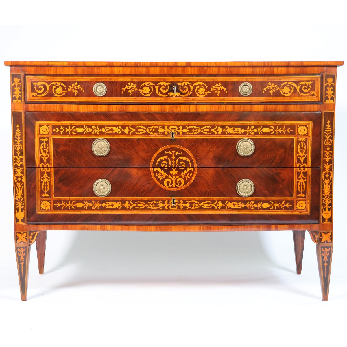 Comò lastronato in palissandro ed intarsi in legni vari, Lombardia, fine XVIII secolo