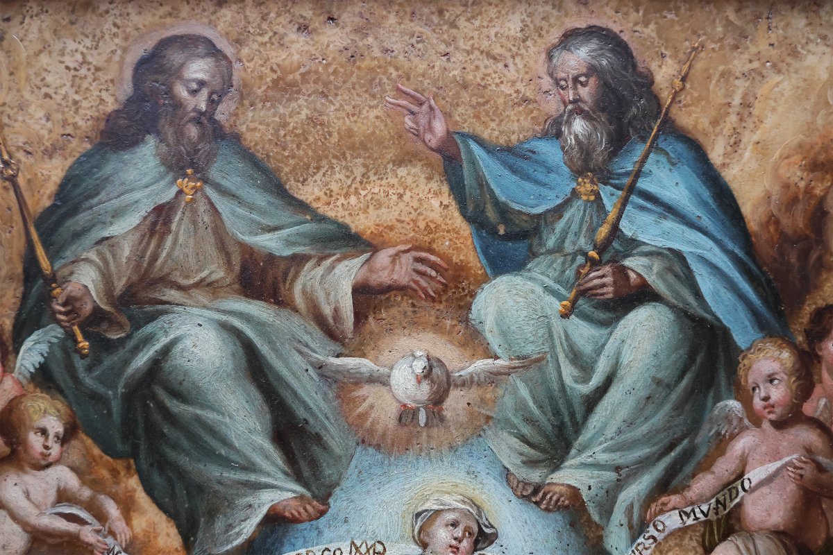 Philip Fruytiers attr; San Gioacchino e Sant'Anna offrono Maria alla Trinità, olio su alabastro-photo-2