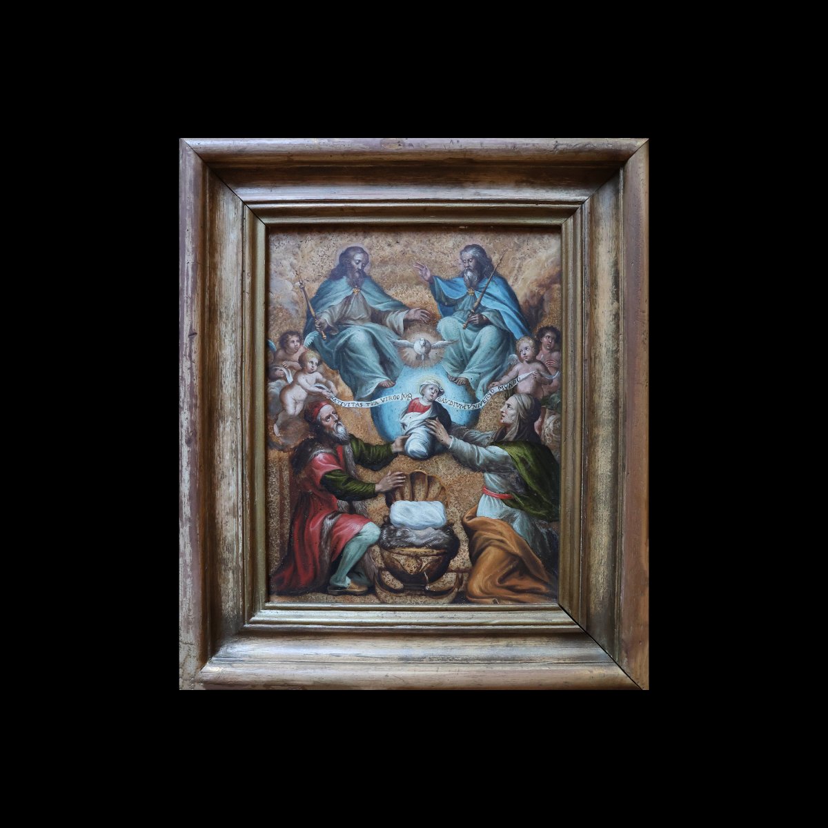 Philip Fruytiers attr; San Gioacchino e Sant'Anna offrono Maria alla Trinità, olio su alabastro-photo-4