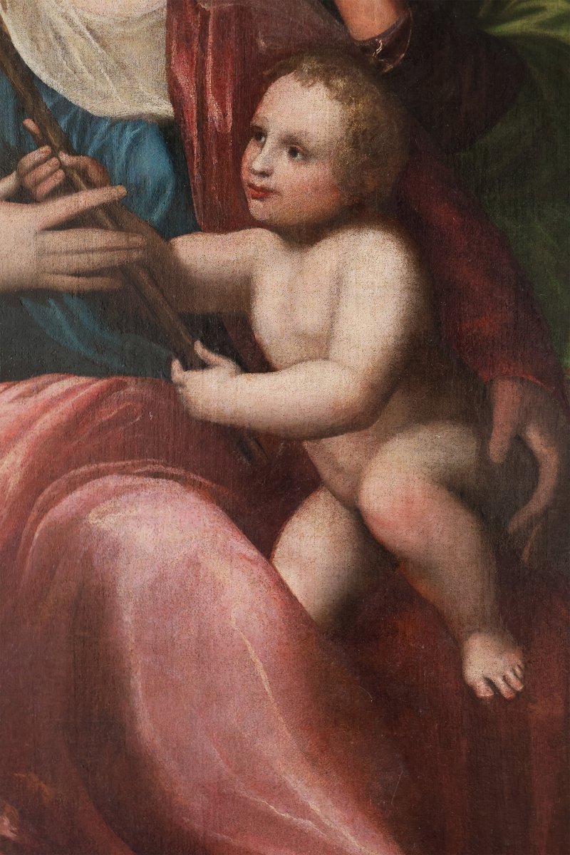 Madonna con Bambino San Giovannino e San Giuseppe, Nord Italia, XVI secolo, olio su tela-photo-1