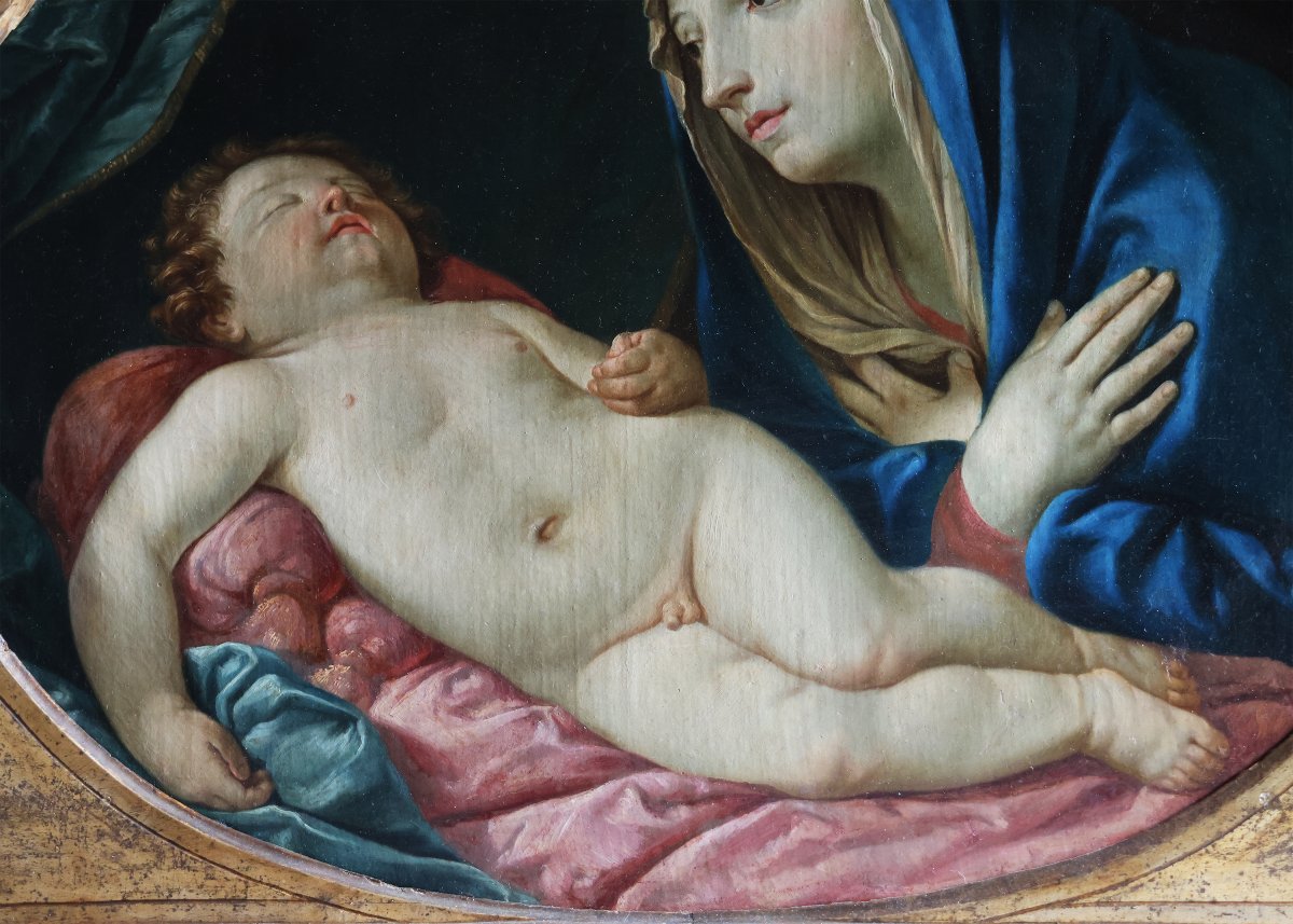 Elisabetta Sirani attr., Bologna 1638 - 1665; Madonna col Bambino dormiente, olio su tela-photo-3