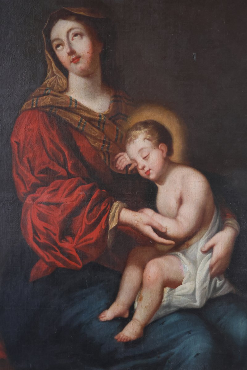 Scuola Francese; Madonna con bambino, XVII secolo, olio su tela-photo-3