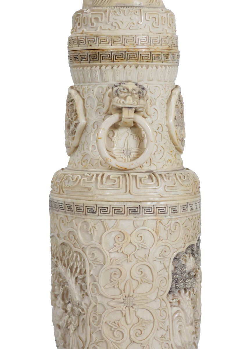 Coppia di vasi in avorio intagliato e scolpito, Cina, Dinastia Qing, 1644-1911, inizi XX secolo-photo-3