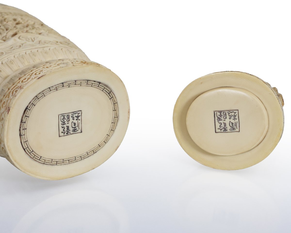Coppia di vasi in avorio intagliato e scolpito, Cina, Dinastia Qing, 1644-1911, inizi XX secolo-photo-4