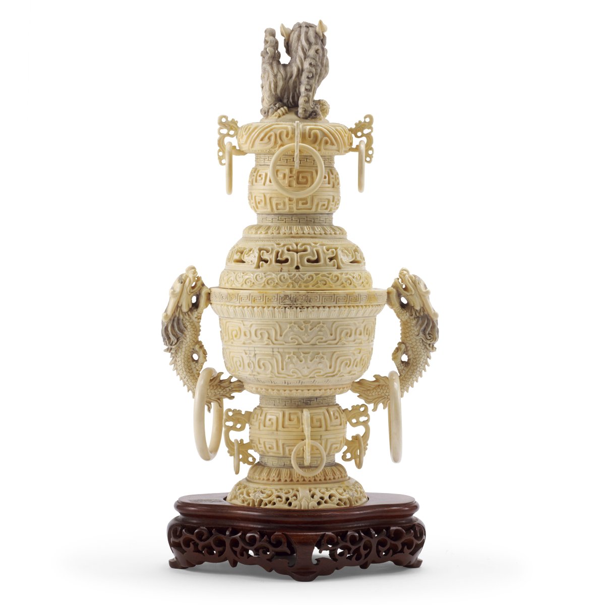 Incensiere in avorio intagliato, inciso e traforato, Cina, Dinastia Qing, fine XIX secolo-photo-2