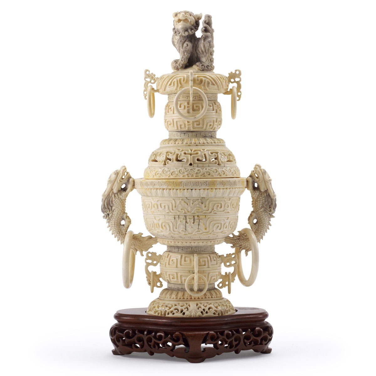 Incensiere in avorio intagliato, inciso e traforato, Cina, Dinastia Qing, fine XIX secolo