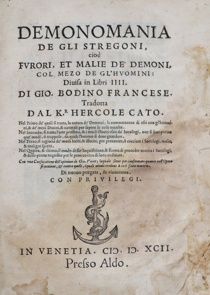 Bodin Jean. Demonomania de gli stregoni.. di Gio. Bodino francese.. In Venetia.  Aldo. 1592-photo-2