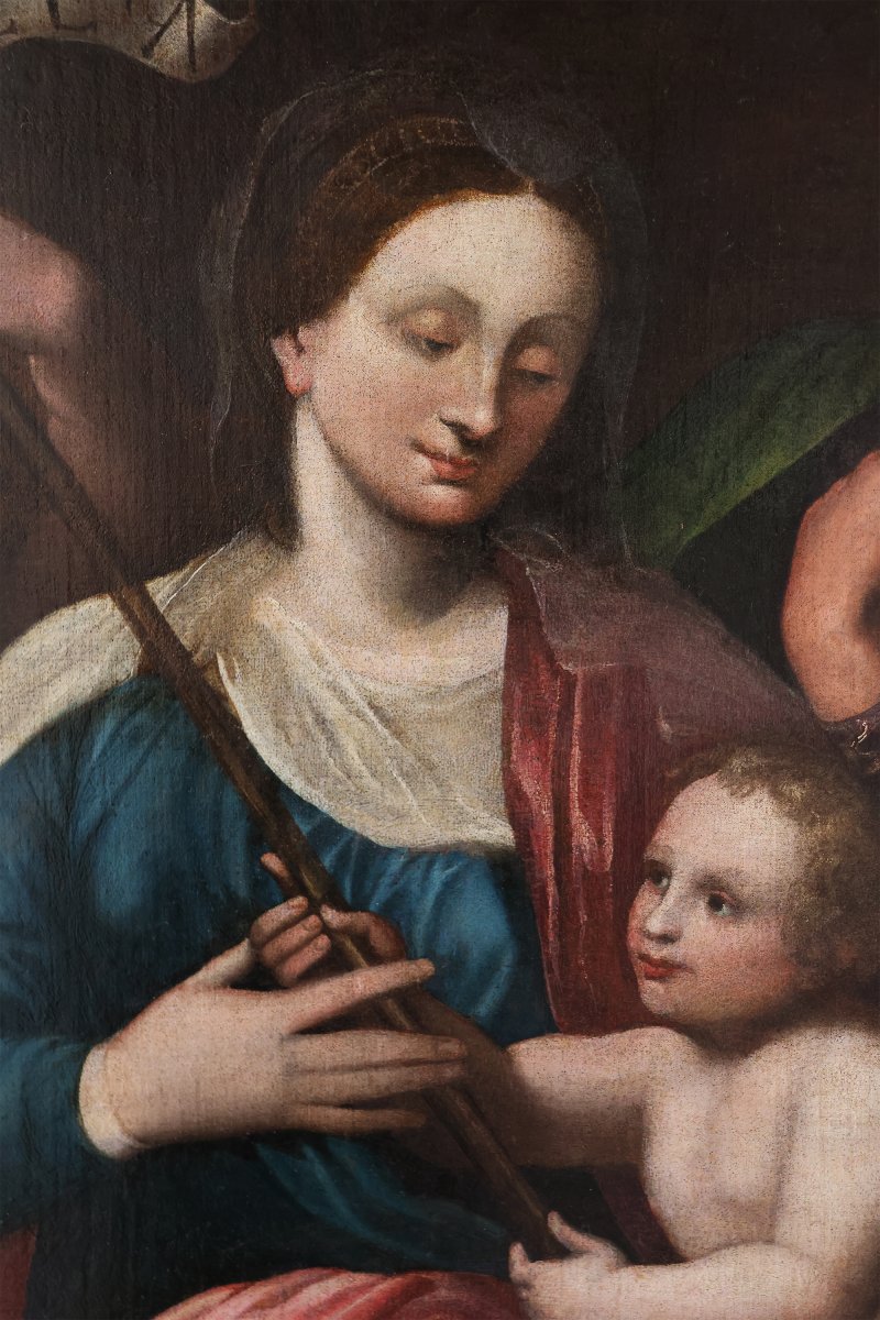 Madonna con Bambino San Giovannino e San Giuseppe, Nord Italia, XVI secolo, olio su tela-photo-3