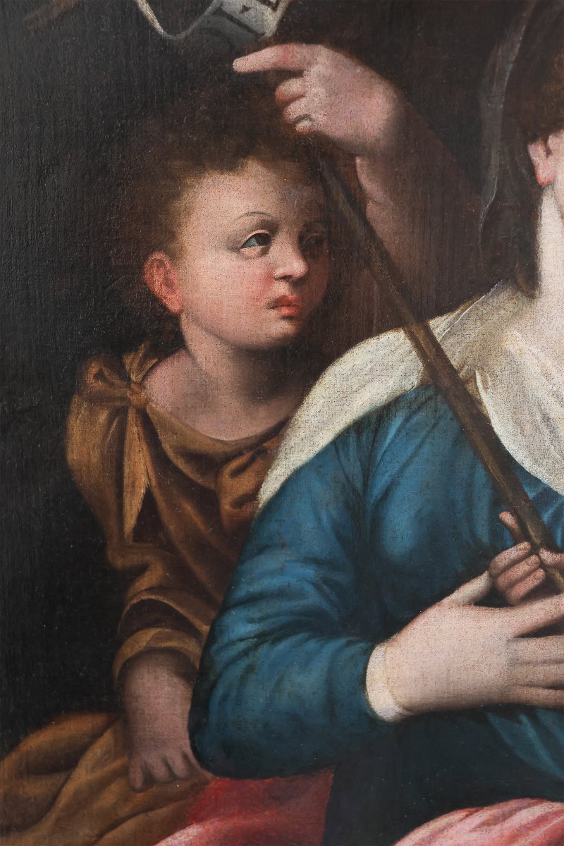 Madonna con Bambino San Giovannino e San Giuseppe, Nord Italia, XVI secolo, olio su tela-photo-5