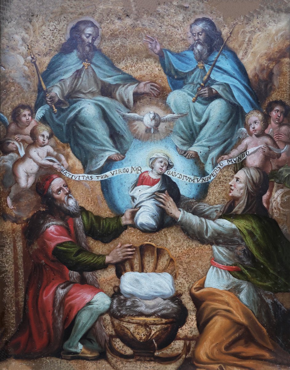 Philip Fruytiers; San Gioacchino e Sant'Anna offrono Maria alla Trinità, olio su alabastro-photo-2