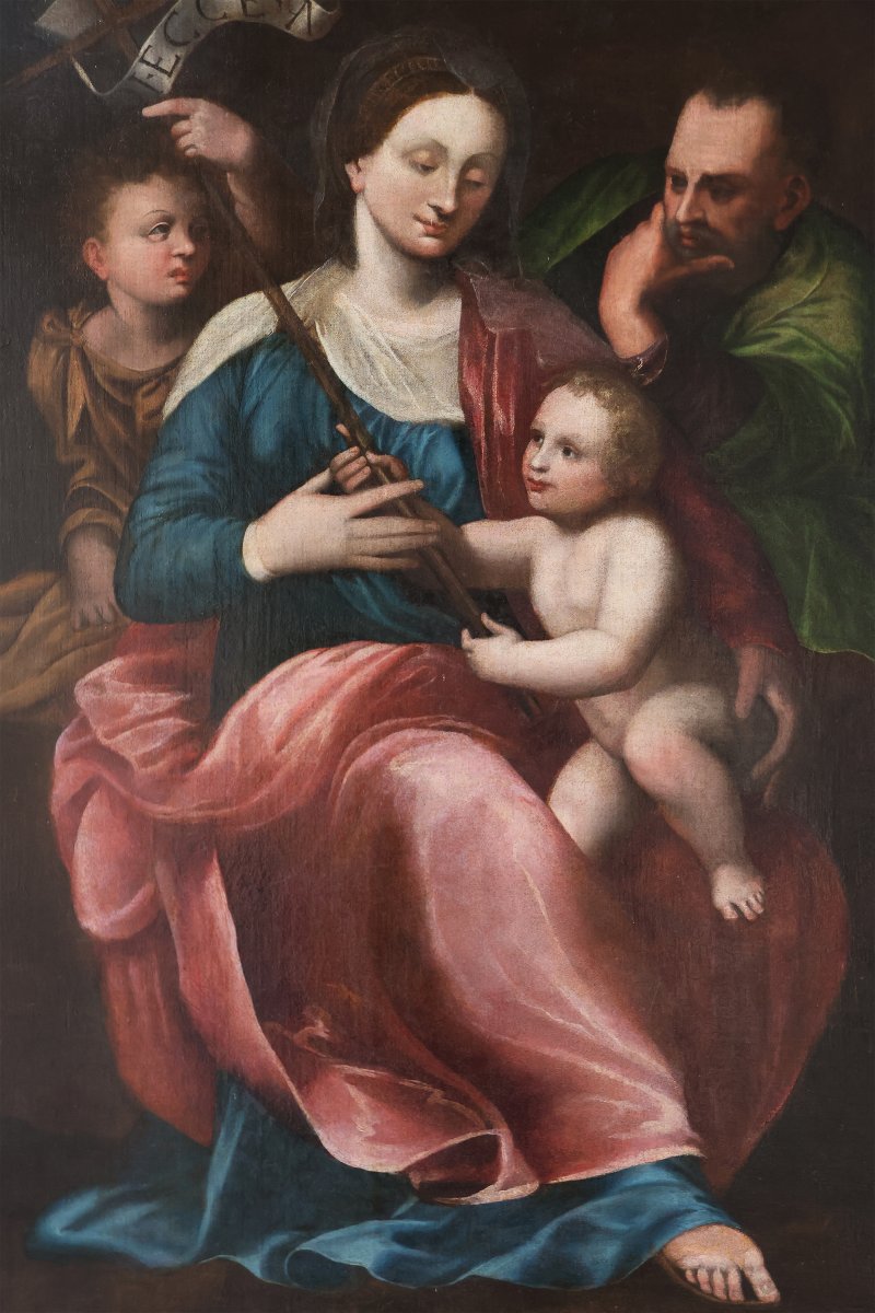 Madonna con Bambino San Giovannino e San Giuseppe, Nord Italia, XVI secolo, olio su tela-photo-4
