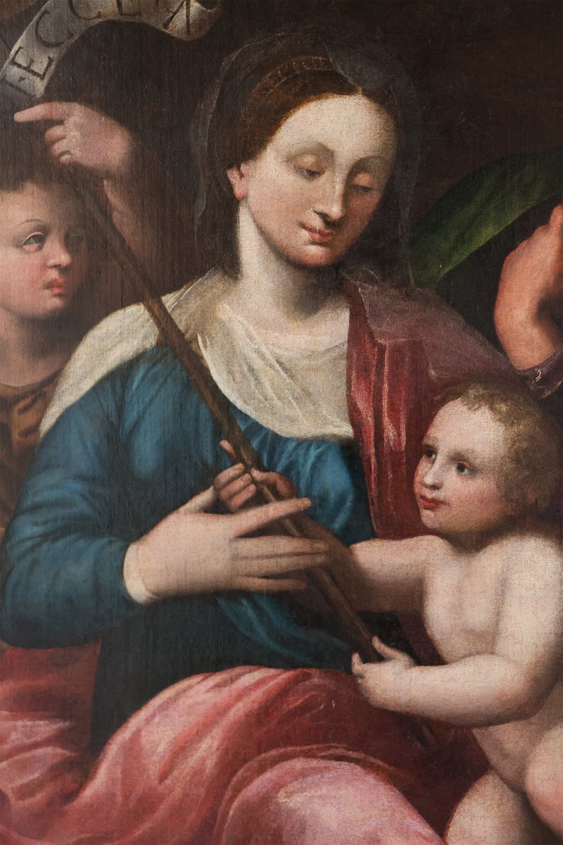 Madonna con Bambino San Giovannino e San Giuseppe, Nord Italia, XVI secolo, olio su tela-photo-3