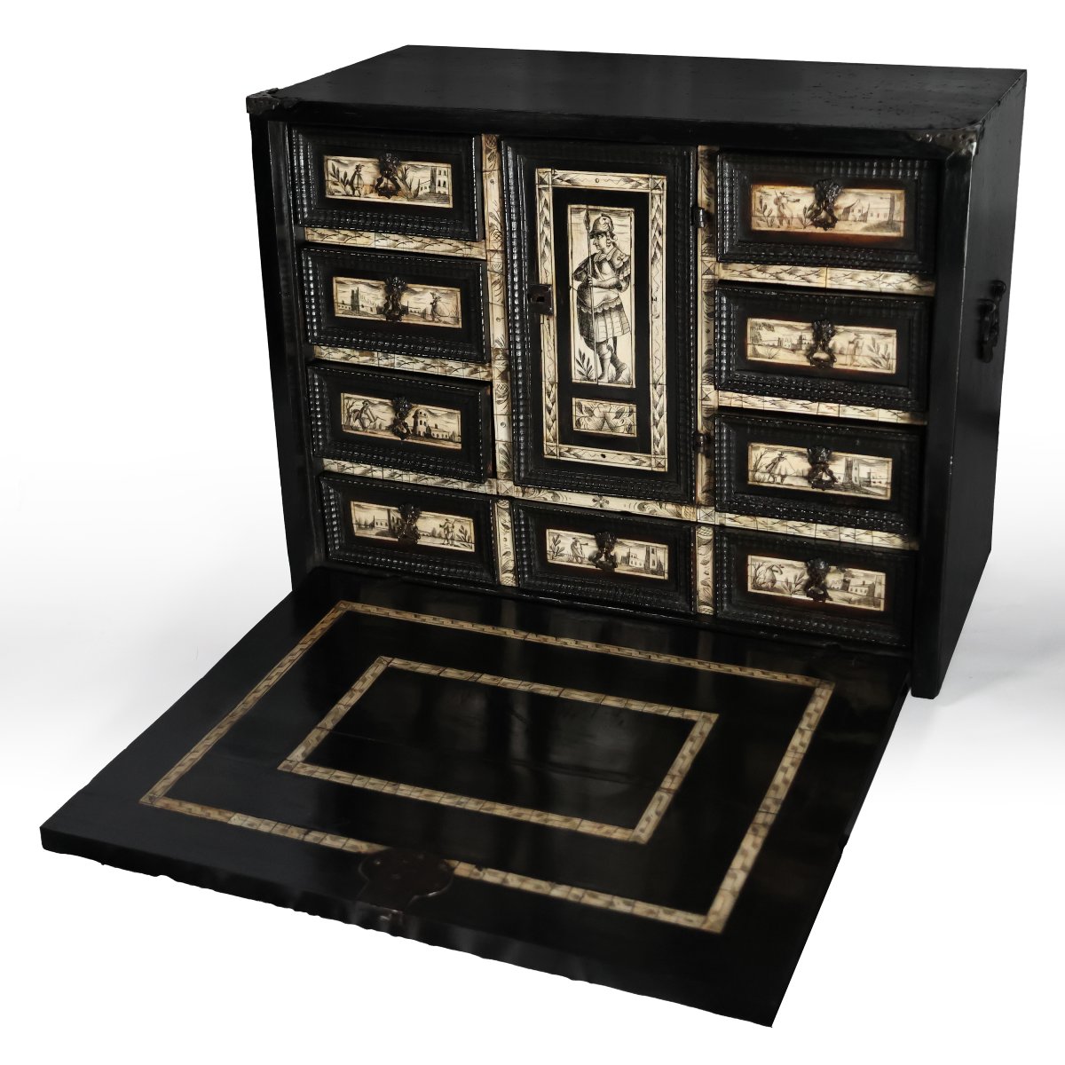 Stipo monetiere in legno ebanizzato e formelle in avorio, XVII-XVIII secolo-photo-1