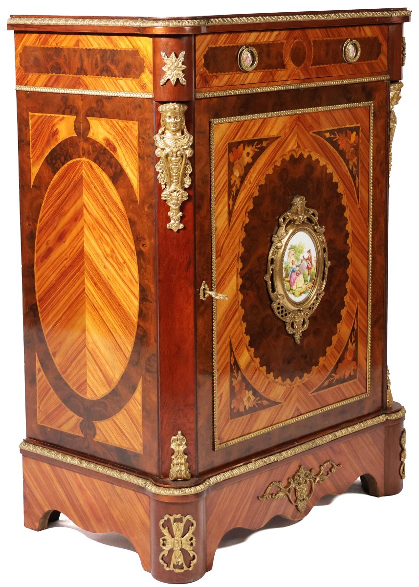 Credenza in legno, intarsi in varie essenze, placche in porcellana, Francia, fine XIX secolo-photo-2