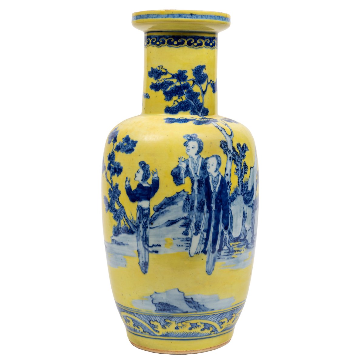 Vaso in porcellana a fondo giallo e blu. Cina, Dinastia Qing, 1644-1911, fine XIX secolo