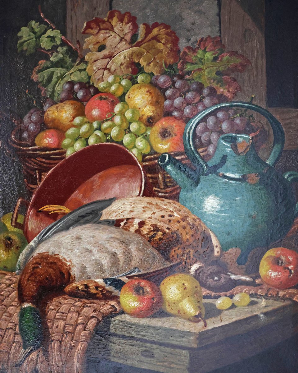 Charles Thomas Bale; Natura morta con uva e cacciagione; olio su tela-photo-2