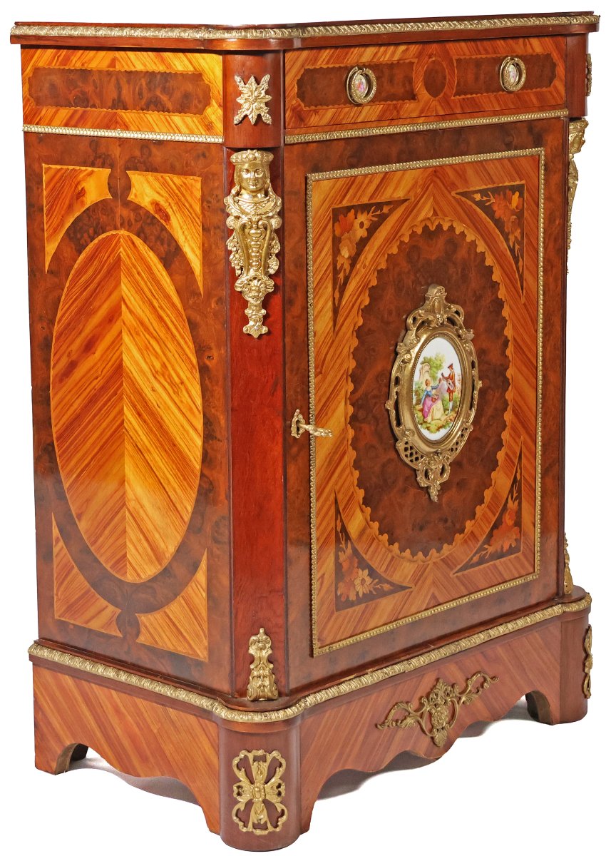 Credenza in legno, intarsi in varie essenze, placche in porcellana, Francia, fine XIX secolo-photo-2