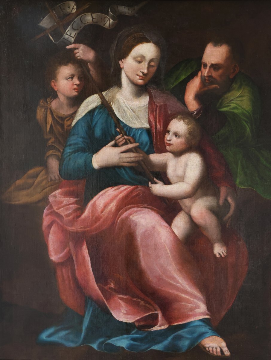 Madonna con Bambino San Giovannino e San Giuseppe, Nord Italia, XVI secolo, olio su tela-photo-2