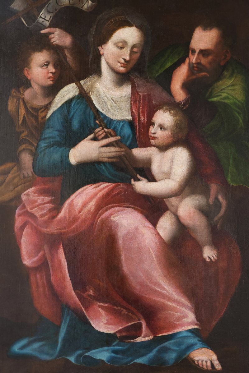 Madonna con Bambino San Giovannino e San Giuseppe, Nord Italia, XVI secolo, olio su tela-photo-3