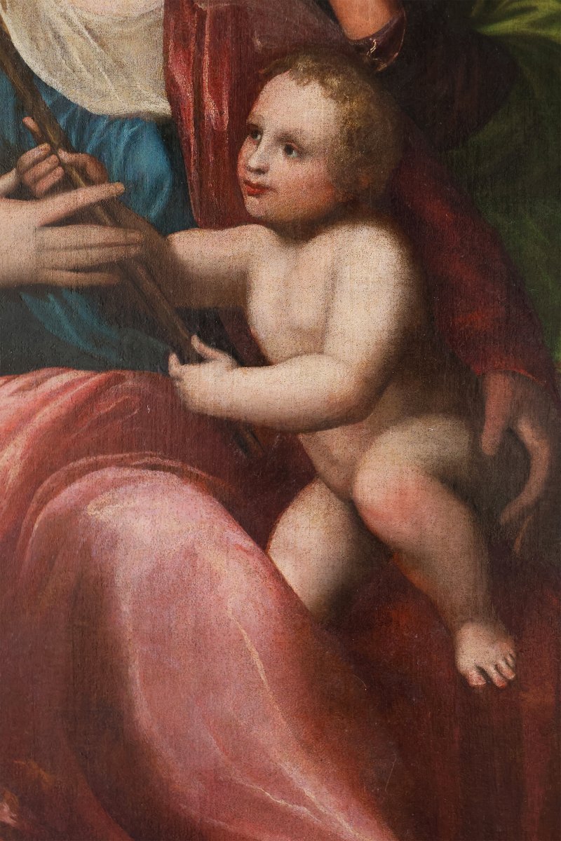 Madonna con Bambino San Giovannino e San Giuseppe, Nord Italia, XVI secolo, olio su tela-photo-1