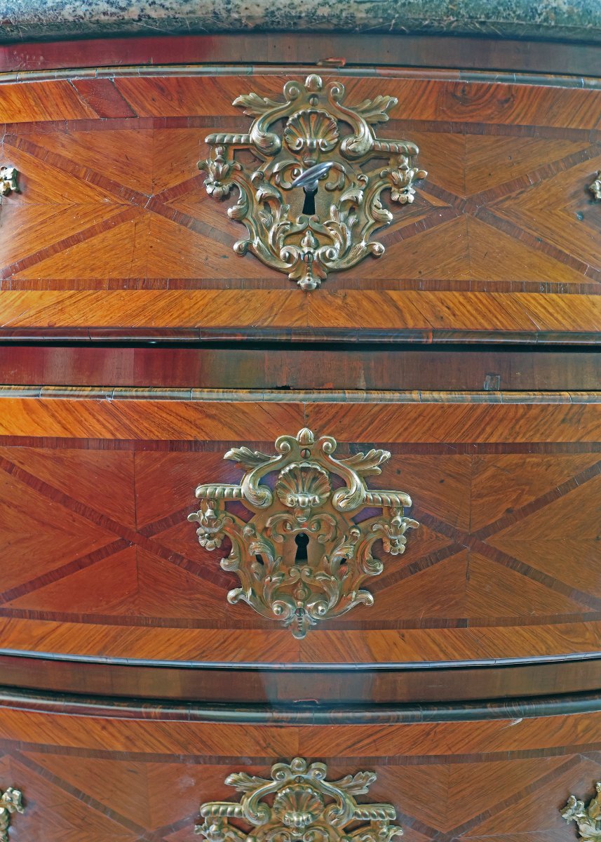 Cassettone Luigi XV intarsi in legni vari applicazioni bronzo dorato. Francia metà XVIII secolo-photo-3