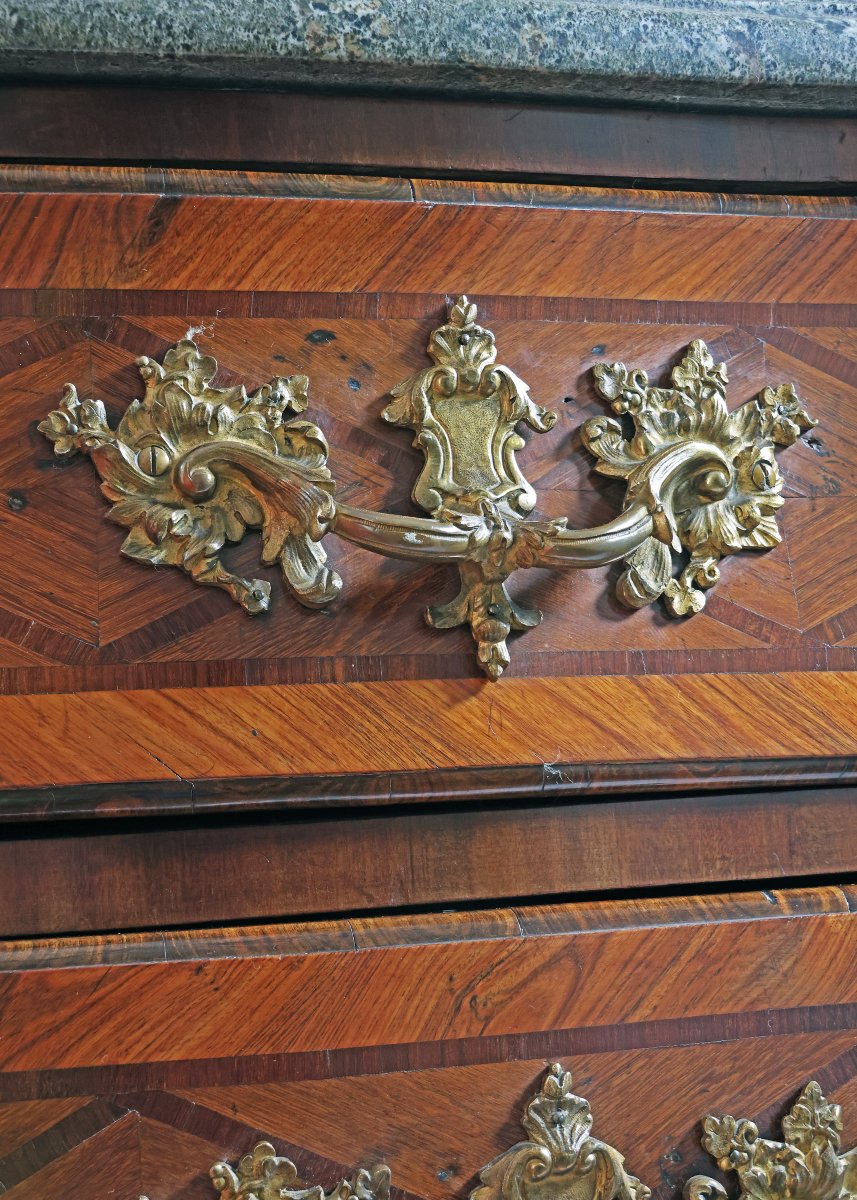 Cassettone Luigi XV intarsi in legni vari applicazioni bronzo dorato. Francia metà XVIII secolo-photo-1