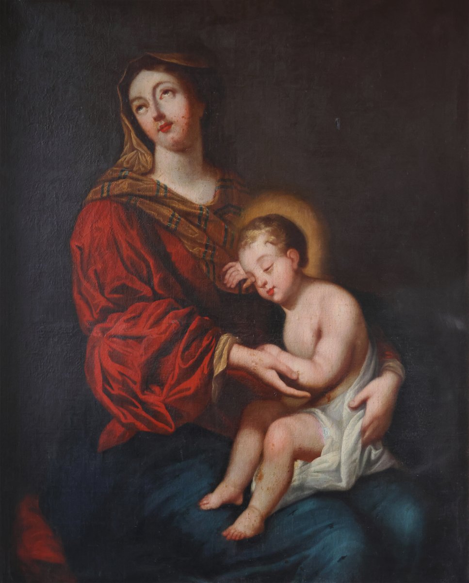 Scuola Francese; Madonna con bambino, XVII secolo, olio su tela-photo-2
