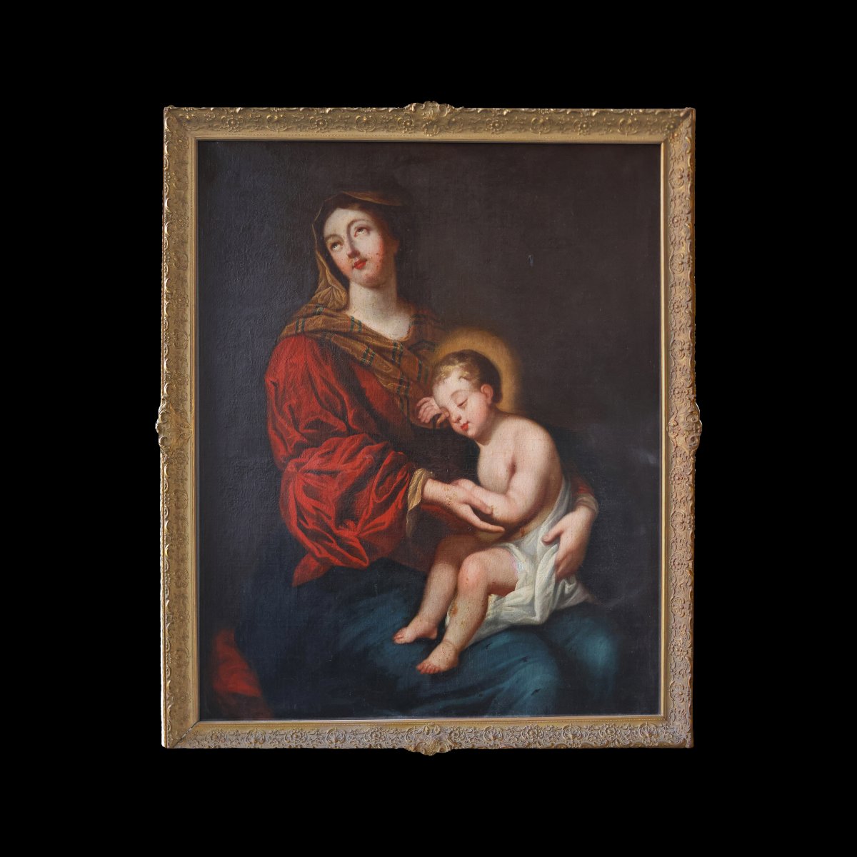 Scuola Francese; Madonna con bambino, XVII secolo, olio su tela-photo-3