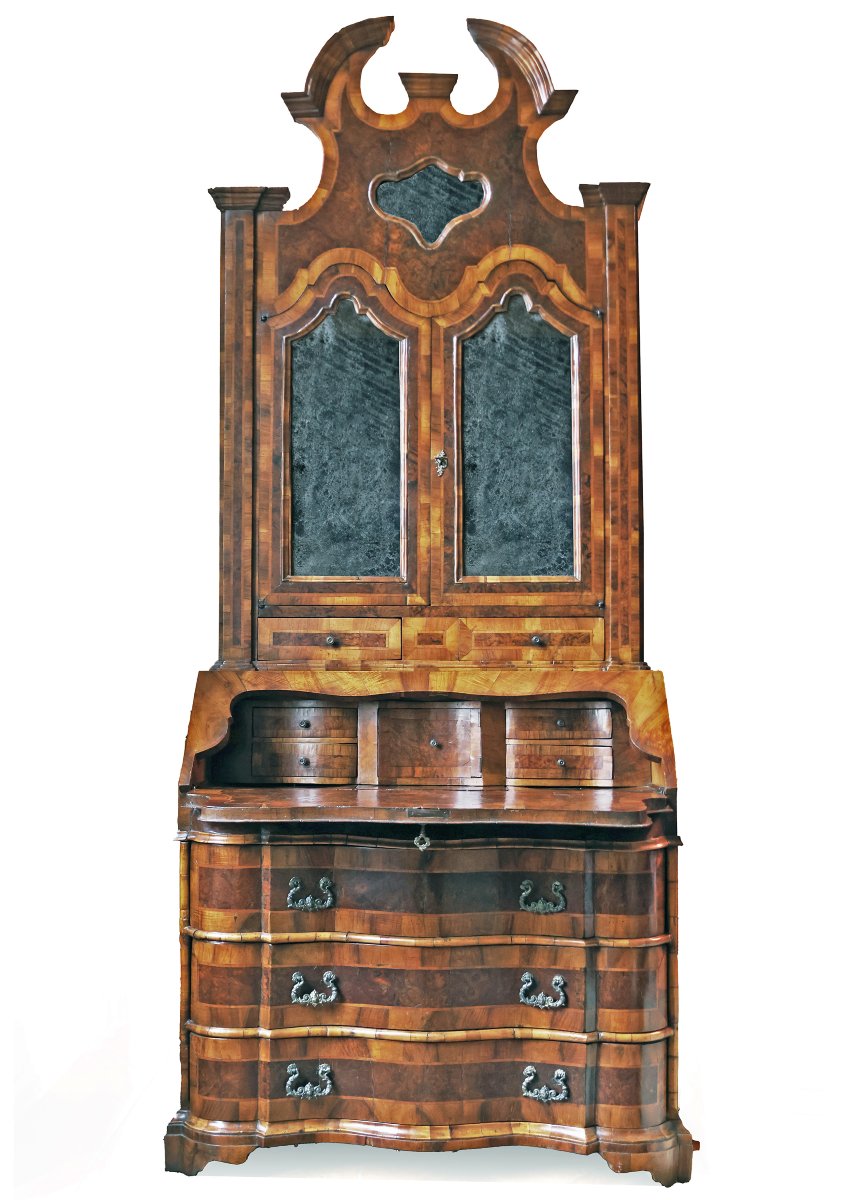 Piccolo trumeau lastronato in legno e radica di noce, Veneto XVIII secolo-photo-2