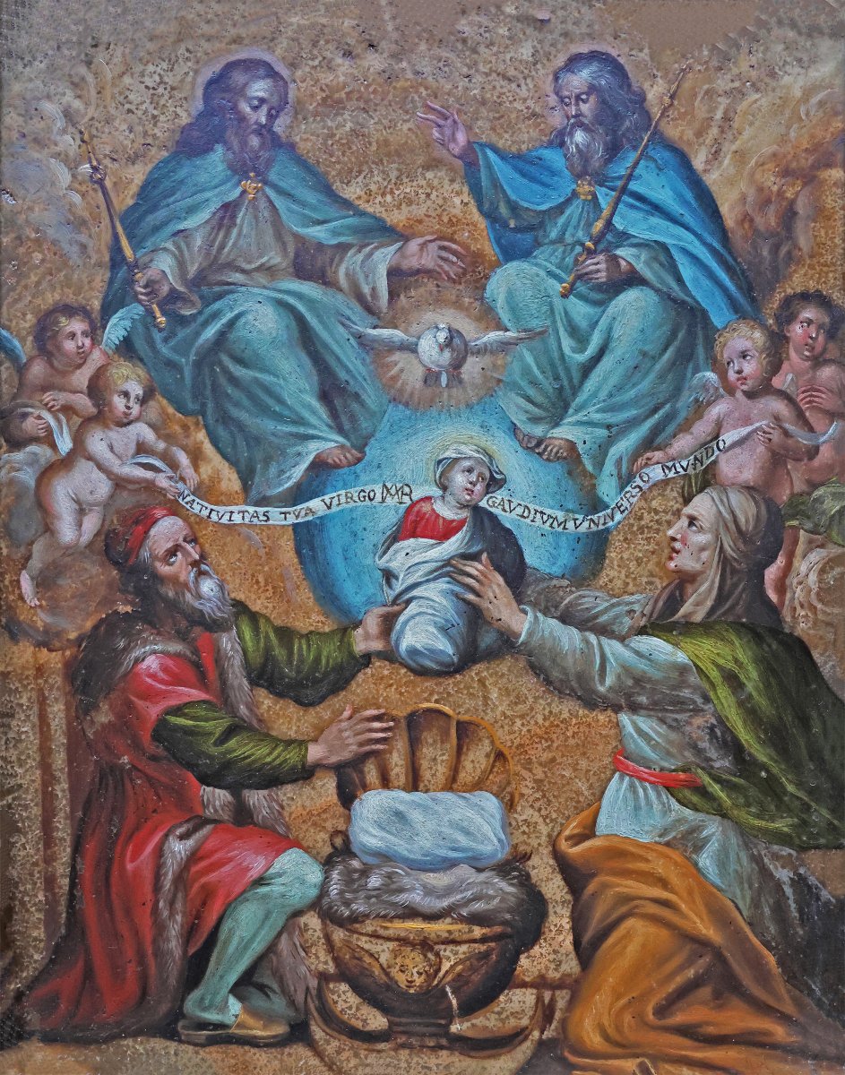 Philip Fruytiers; San Gioacchino e Sant'Anna offrono Maria alla Trinità, olio su alabastro-photo-2