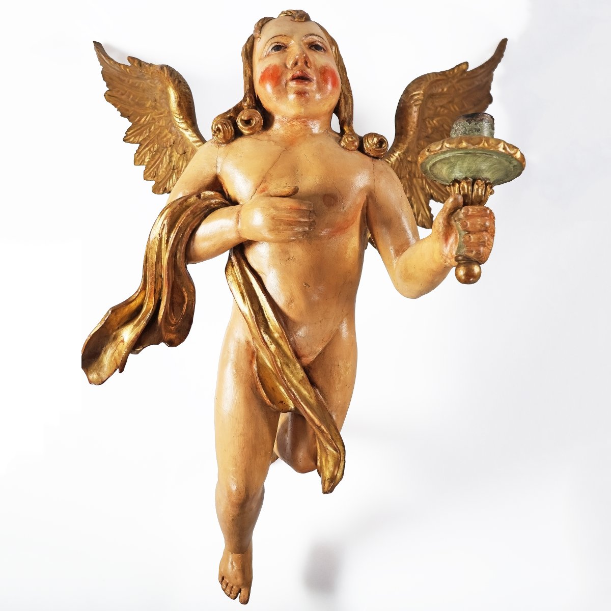 Coppia di angeli reggicero in legno intagliato e scolpito. Italia, fine XVII inizi XVIII secolo-photo-1