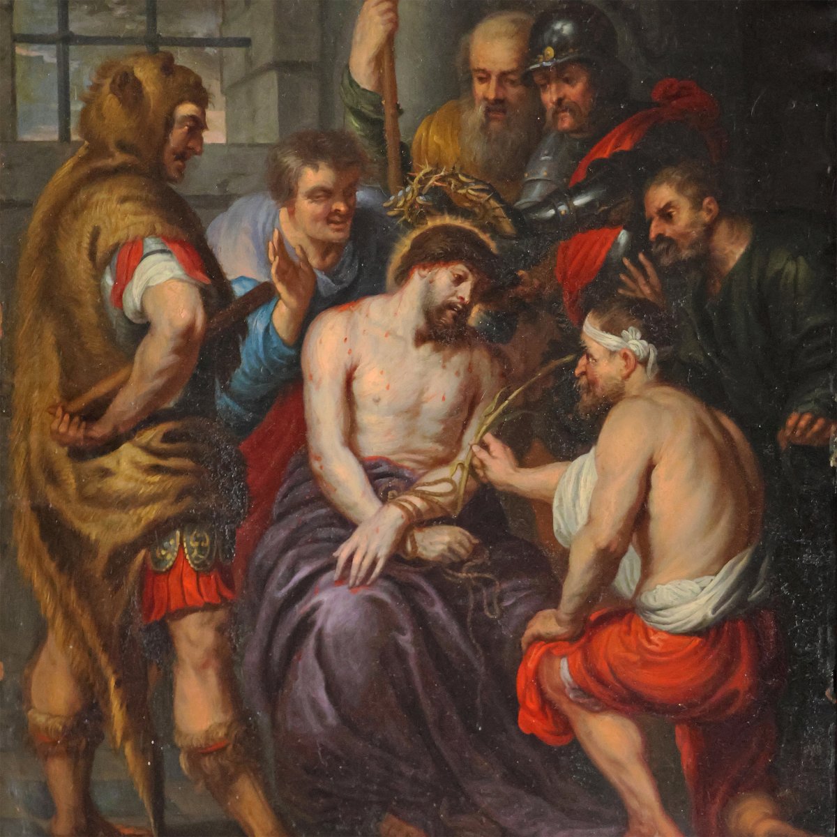 Antoon Van Dyck scuola di, Anversa 1599 - Londra 1641; L'incoronazione di spine, olio su rame-photo-3