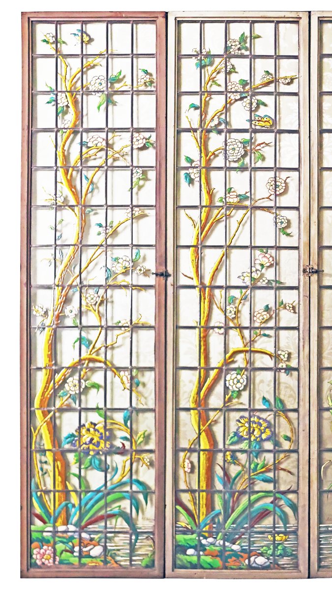 Suite di quattro finestre in stile Japonisme. Firmate J.P. Imberton. Parigi, datate 1890-photo-2