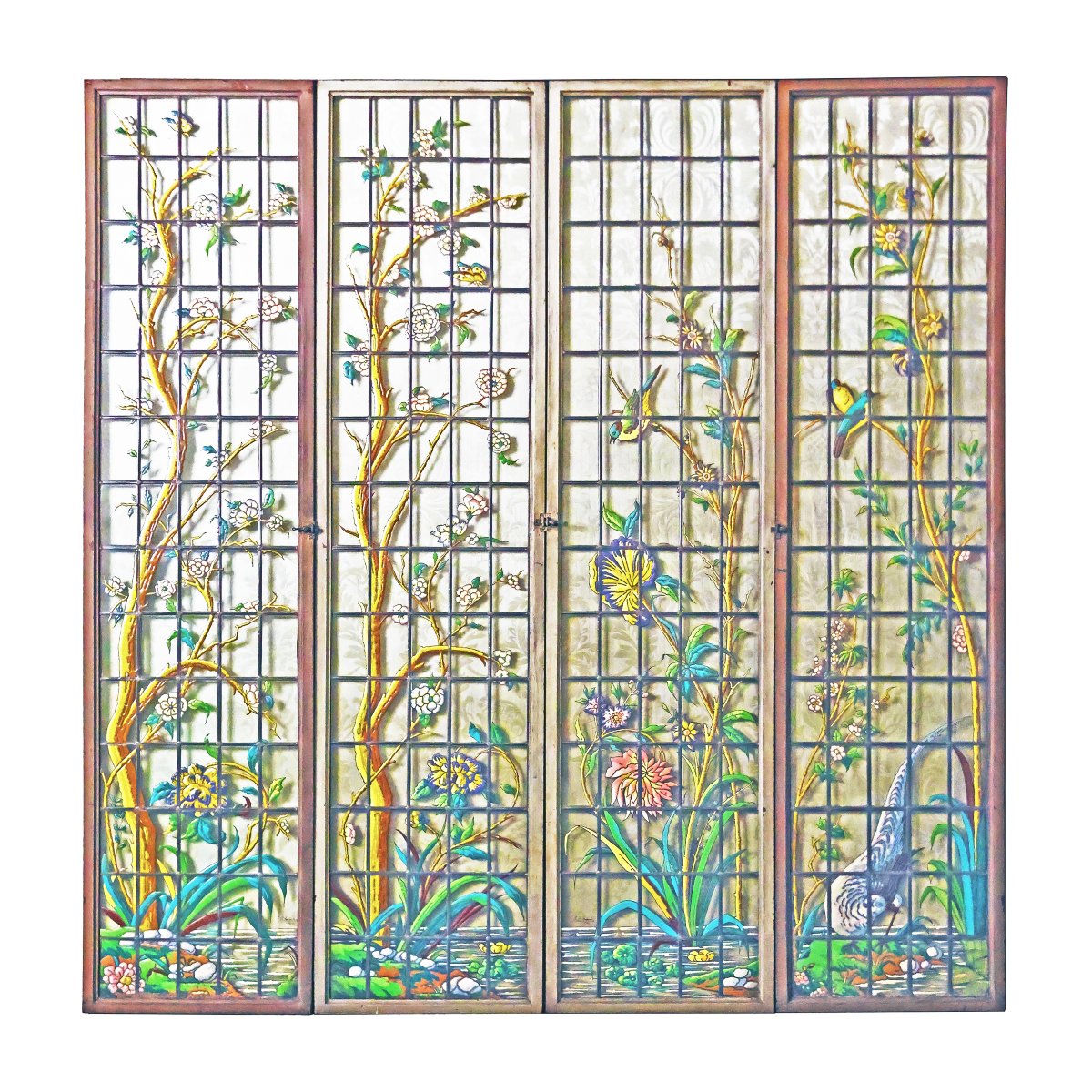 Suite di quattro finestre in stile Japonisme. Firmate J.P. Imberton. Parigi, datate 1890