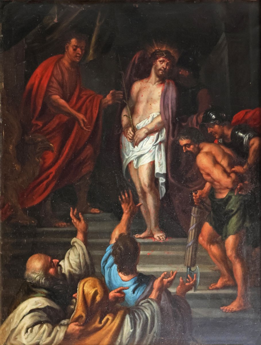 Peter Paul Rubens bottega di, Siegen 1577 - Anversa 1640; Ecce Homo, olio su rame-photo-2