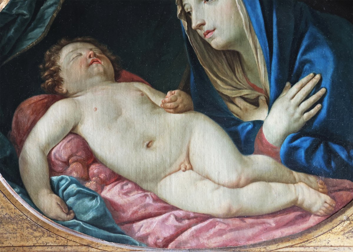 Elisabetta Sirani attr., 1638 - 1665; Madonna col Bambino dormiente, olio su tela-photo-3
