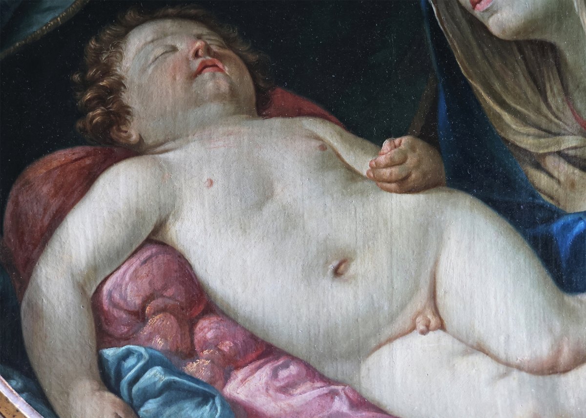 Elisabetta Sirani attr., 1638 - 1665; Madonna col Bambino dormiente, olio su tela-photo-4