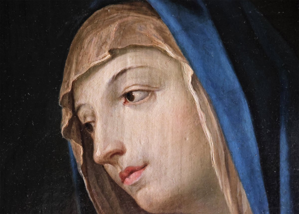 Elisabetta Sirani attr., 1638 - 1665; Madonna col Bambino dormiente, olio su tela-photo-3