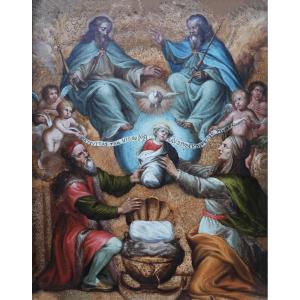 Philip Fruytiers attr; San Gioacchino e Sant'Anna offrono Maria alla Trinità, olio su alabastro