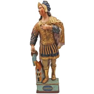 Santo Floriano, legno di pioppo policromo, Europa Centrale, XIX secolo